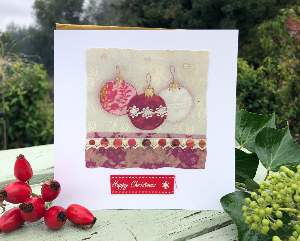 Handmade Christmas card- Red Baubles