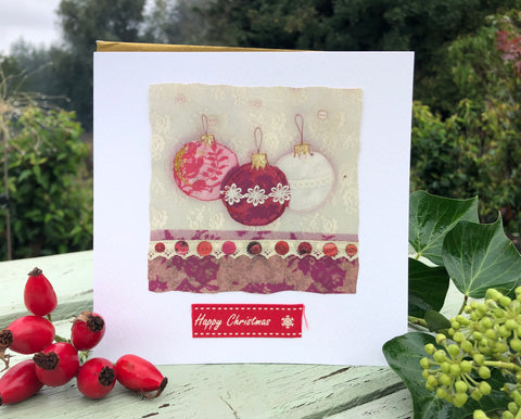 Handmade Christmas card- Red Baubles