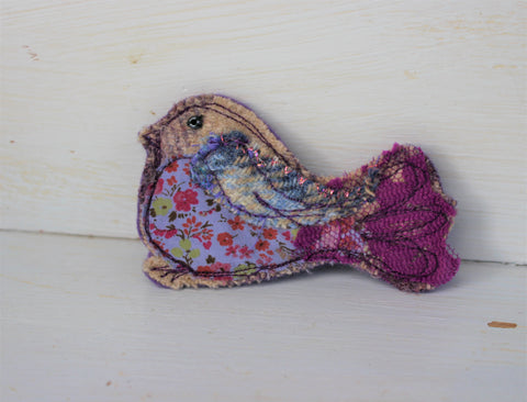 Blue purple floral Bird brooch