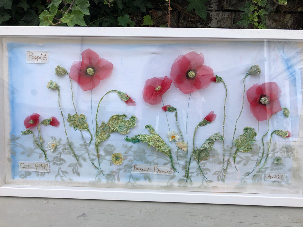 Landscape  Poppy embroidery - Framed
